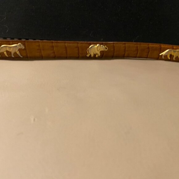 Leather Belt Tan Camel Brown 34 Small Vintage Animal Elephant Lion Metal Accent - Picture 10 of 13